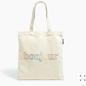 2/$30 JCrew Factory “Bonjour” rainbow canvas shopper tote bag